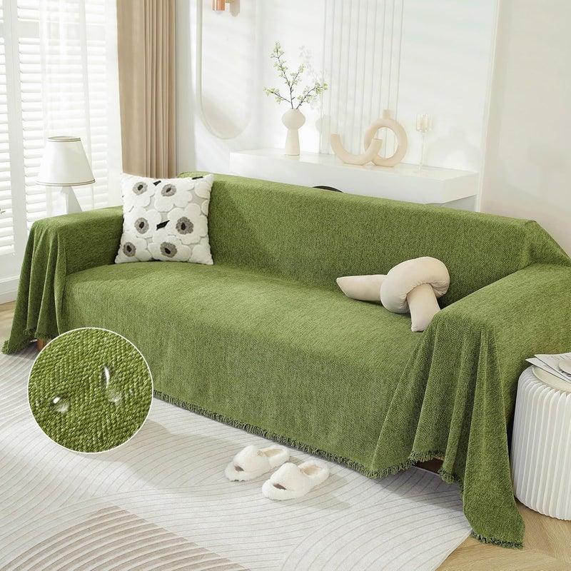 Olive Green Chenille Sofa Cover, Dogs Furniture Protector with Tassels, Herringbone Couch Protector, Washable Non Slip Sectional Sofa Slipcover (Green, 180 * 300cm) - Image 1