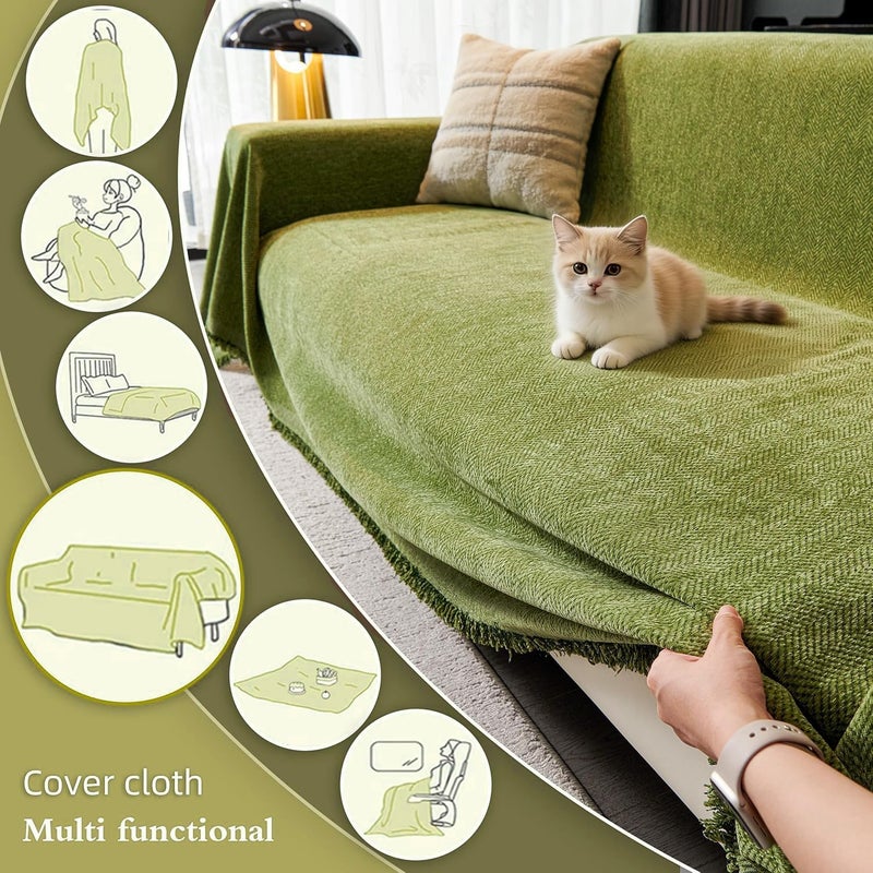 Olive Green Chenille Sofa Cover, Dogs Furniture Protector with Tassels, Herringbone Couch Protector, Washable Non Slip Sectional Sofa Slipcover (Green, 180 * 300cm) - Image 5