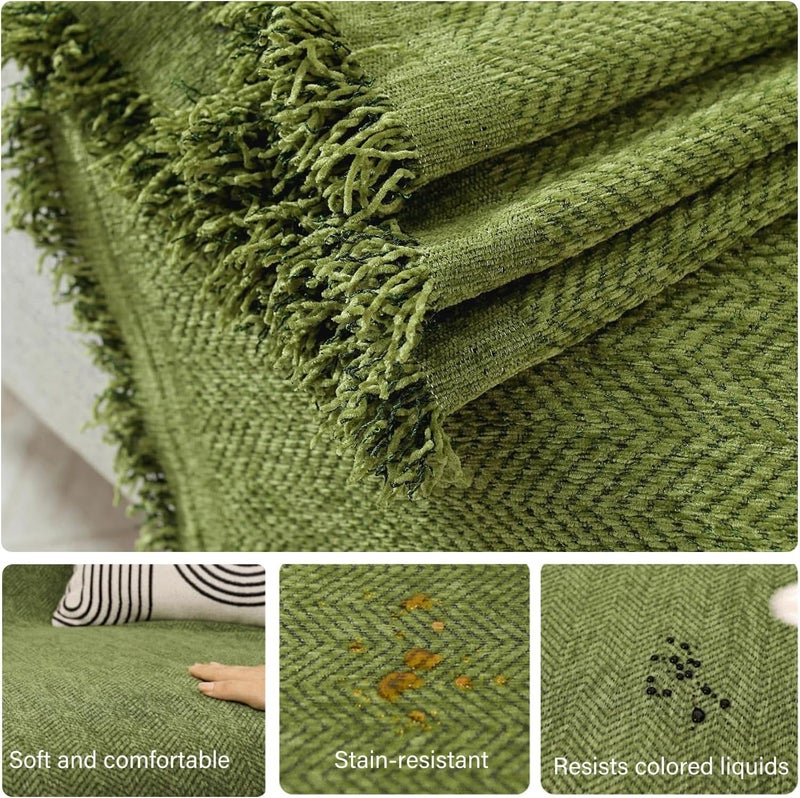 Olive Green Chenille Sofa Cover, Dogs Furniture Protector with Tassels, Herringbone Couch Protector, Washable Non Slip Sectional Sofa Slipcover (Green, 180 * 300cm) - Image 3