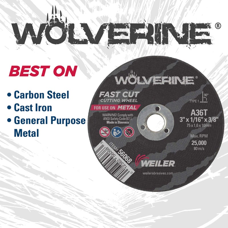 WEILER مجموعة عجلة القطع ومرفق مطحنة ويلاير 56089 بما في ذلك مرفق 56490 وعجلات وولفرين T1 رقيقة 3 إنش x 1/16" ، A36T ، 3/8" AH (1 مرفق و 10 أقراص قطع) - Image 3
