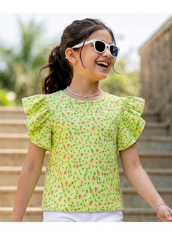 Pine Kids Pine Kids 100% Cotton Knit Half Frill Sleeves Floral Printed Top - Lime Green