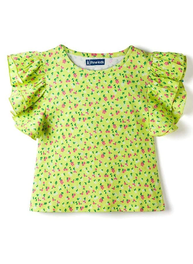 Pine Kids Pine Kids 100% Cotton Knit Half Frill Sleeves Floral Printed Top - Lime Green