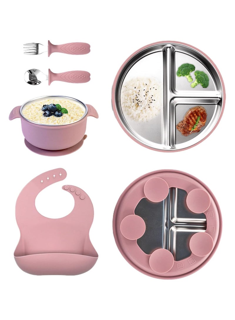 آي ميس يو طقم تغذية أطفال من الفولاذ المقاوم للصدأ مكون من 5 قطع، يتضمن أطباقًا وأوعية شفط للأطفال مع سيليكون قابل للإزالة، وشوك وملاعق ومريلة جيب للأطفال الصغار - Image 1