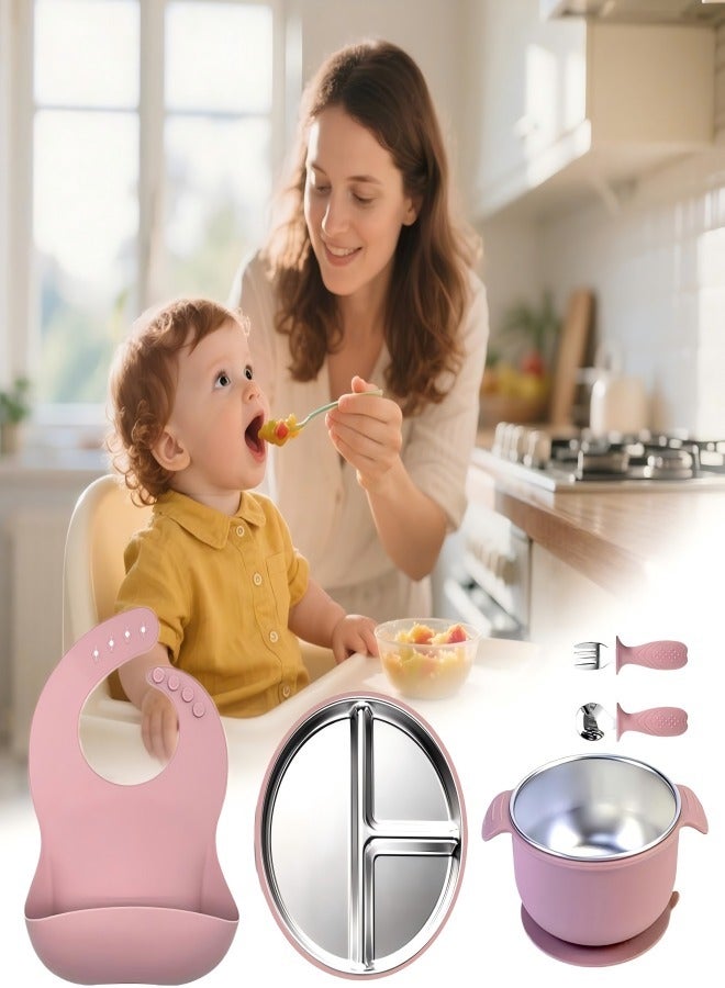 آي ميس يو طقم تغذية أطفال من الفولاذ المقاوم للصدأ مكون من 5 قطع، يتضمن أطباقًا وأوعية شفط للأطفال مع سيليكون قابل للإزالة، وشوك وملاعق ومريلة جيب للأطفال الصغار - Image 2