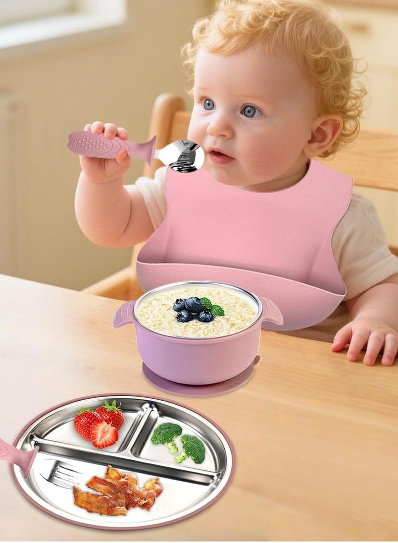 آي ميس يو طقم تغذية أطفال من الفولاذ المقاوم للصدأ مكون من 5 قطع، يتضمن أطباقًا وأوعية شفط للأطفال مع سيليكون قابل للإزالة، وشوك وملاعق ومريلة جيب للأطفال الصغار - Image 3