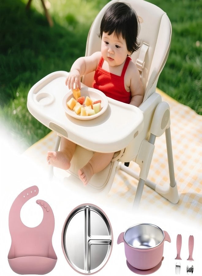 آي ميس يو طقم تغذية أطفال من الفولاذ المقاوم للصدأ مكون من 5 قطع، يتضمن أطباقًا وأوعية شفط للأطفال مع سيليكون قابل للإزالة، وشوك وملاعق ومريلة جيب للأطفال الصغار - Image 4