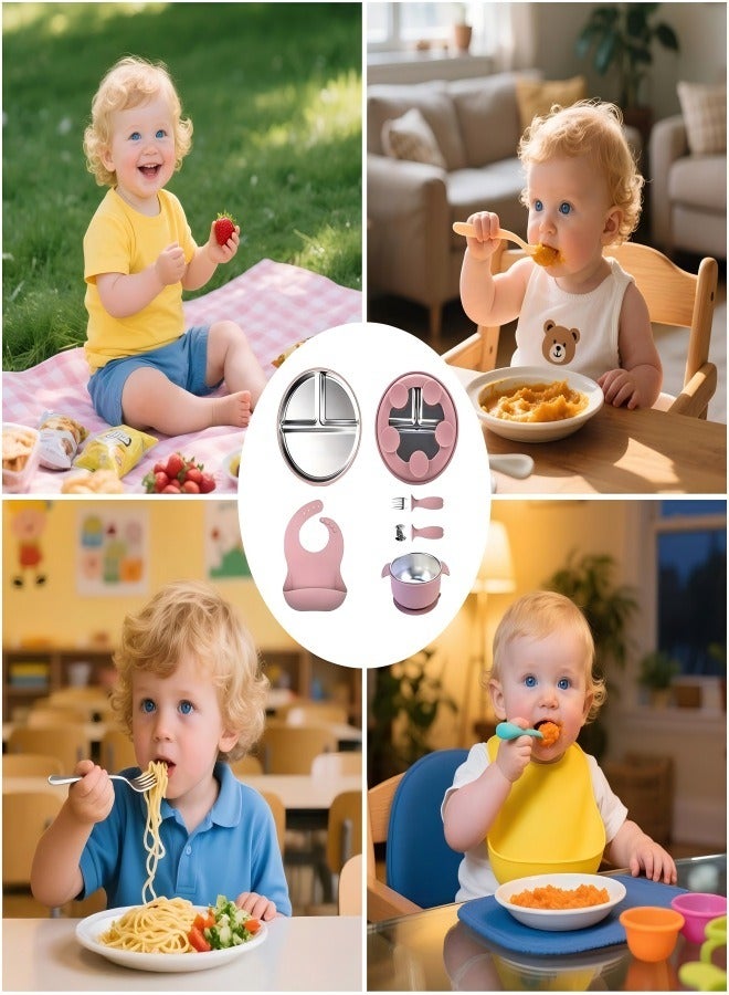 آي ميس يو طقم تغذية أطفال من الفولاذ المقاوم للصدأ مكون من 5 قطع، يتضمن أطباقًا وأوعية شفط للأطفال مع سيليكون قابل للإزالة، وشوك وملاعق ومريلة جيب للأطفال الصغار - Image 5