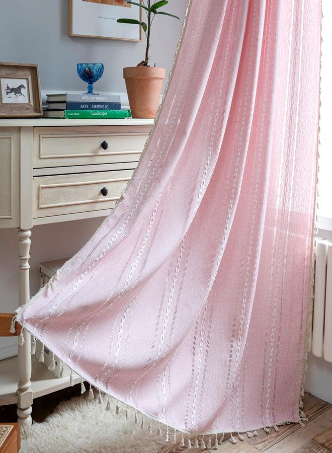 Deeprove Pink Boho Curtains 84 Inches Long for Bedroom Nursery, Privacy Bohemian Chic Textured Embroidery, Vintage Handmade Tassels Country Decor Drapery, Rod Pocket, 1 Panel W52 x L84, Blush - Image 2