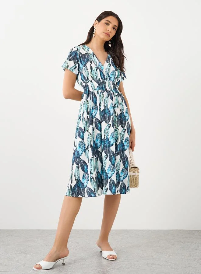 Take Two Take Two All-Over Print V-Neck Smocking Detail Midi Dress