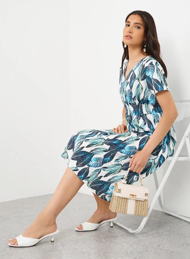 Take Two Take Two All-Over Print V-Neck Smocking Detail Midi Dress