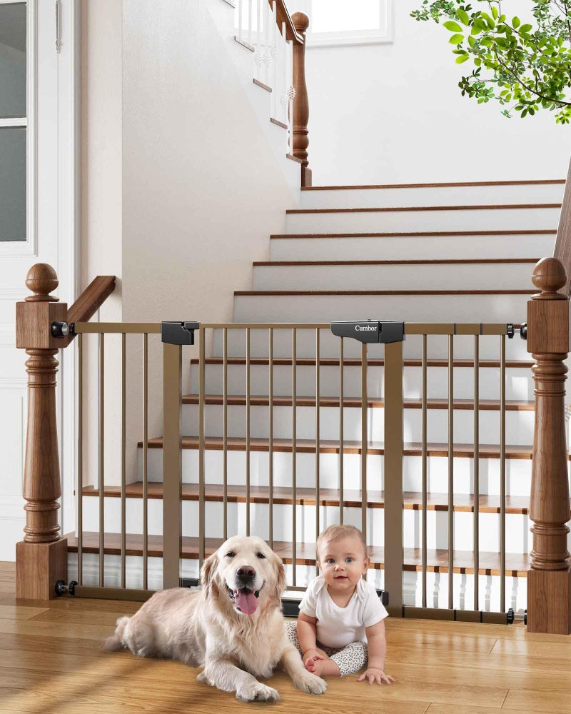 Cumbor 29.7-54.2" Wide Baby Gate for Stairs, Mom's Choice Awards Winner-Self Closing Dog Gate Indoor for Doorways, No Drilling Pressure Mounted Pet Gates for Kids, Easy Walk Through Safety Gate, Brown - Image 1