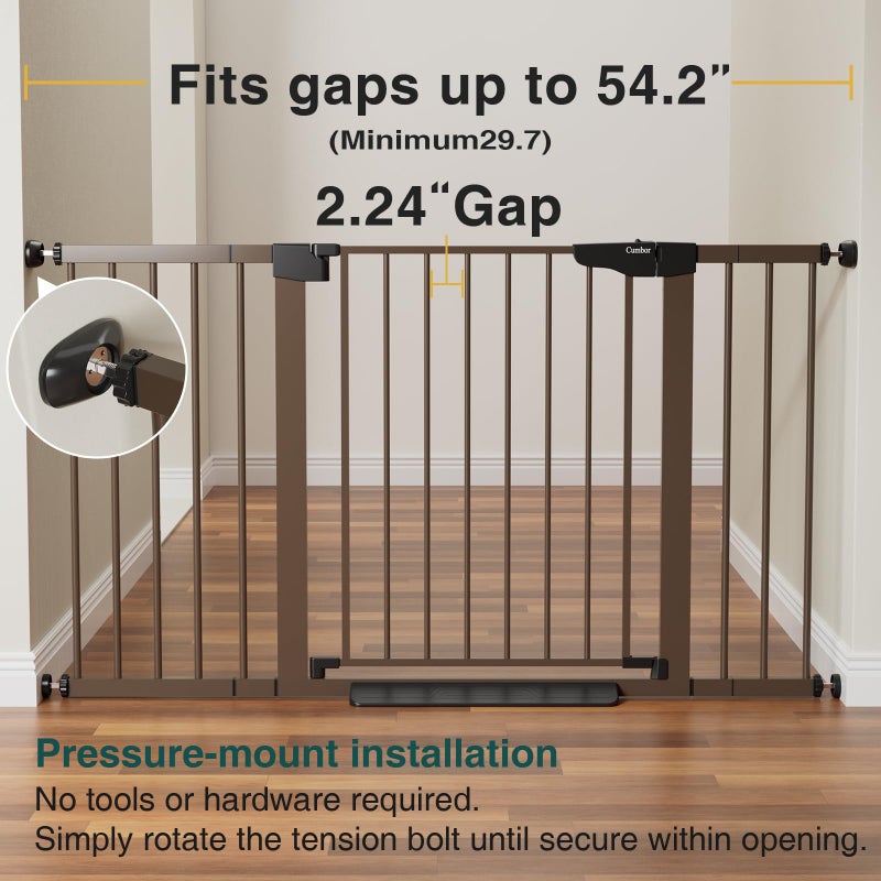 Cumbor 29.7-54.2" Wide Baby Gate for Stairs, Mom's Choice Awards Winner-Self Closing Dog Gate Indoor for Doorways, No Drilling Pressure Mounted Pet Gates for Kids, Easy Walk Through Safety Gate, Brown - Image 2