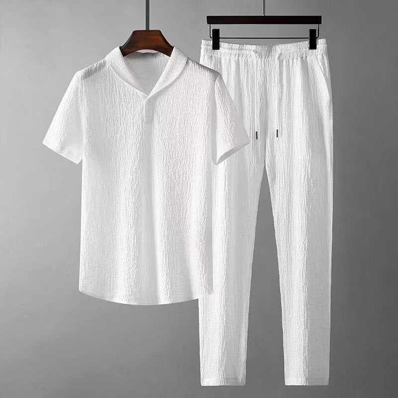 Mens Summer Ice Silk Pleated T-Shirt and Pants Set white top white pants 