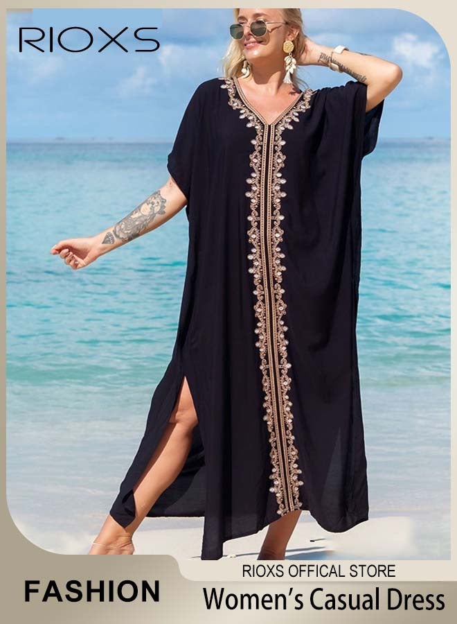 RIOXS Women's Casual Beach Kaftan Dress with Tunic Maxi Dress Style and Embroidery Design, Elegant Comfortable Short Sleeve Caftan, Bikini Swimsuit Cover Up, Side Split Kaftan Dress, Suitable for Party, Daily Wear, Swimming Pool and Beach - Image 1