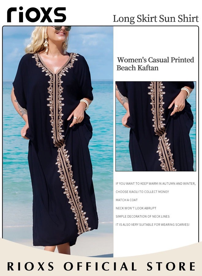 RIOXS Women's Casual Beach Kaftan Dress with Tunic Maxi Dress Style and Embroidery Design, Elegant Comfortable Short Sleeve Caftan, Bikini Swimsuit Cover Up, Side Split Kaftan Dress, Suitable for Party, Daily Wear, Swimming Pool and Beach - Image 3