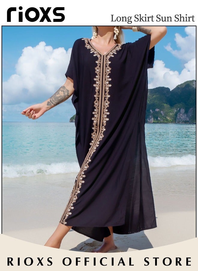 RIOXS Women's Casual Beach Kaftan Dress with Tunic Maxi Dress Style and Embroidery Design, Elegant Comfortable Short Sleeve Caftan, Bikini Swimsuit Cover Up, Side Split Kaftan Dress, Suitable for Party, Daily Wear, Swimming Pool and Beach - Image 5