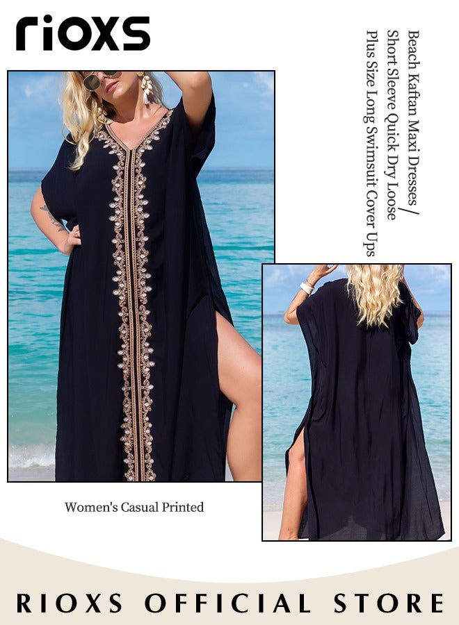 RIOXS Women's Casual Beach Kaftan Dress with Tunic Maxi Dress Style and Embroidery Design, Elegant Comfortable Short Sleeve Caftan, Bikini Swimsuit Cover Up, Side Split Kaftan Dress, Suitable for Party, Daily Wear, Swimming Pool and Beach - Image 2