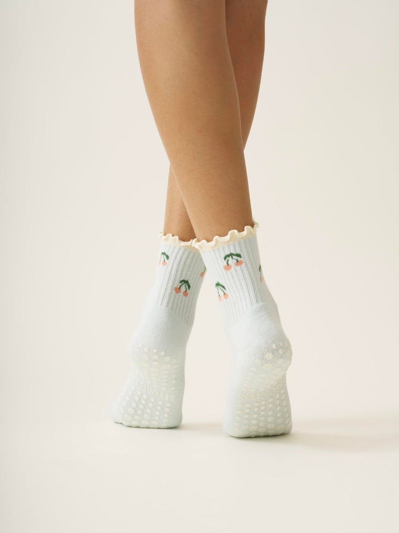 Shapes Studio Half Calf Grip Socks, Cute Fruit Pilates Socks, Ruffle Socks, Non-Slip for Barre Yoga (US, Numeric, 5, 10, Regular, Regular, Cherry Blue, Effortless Club) - Image 2