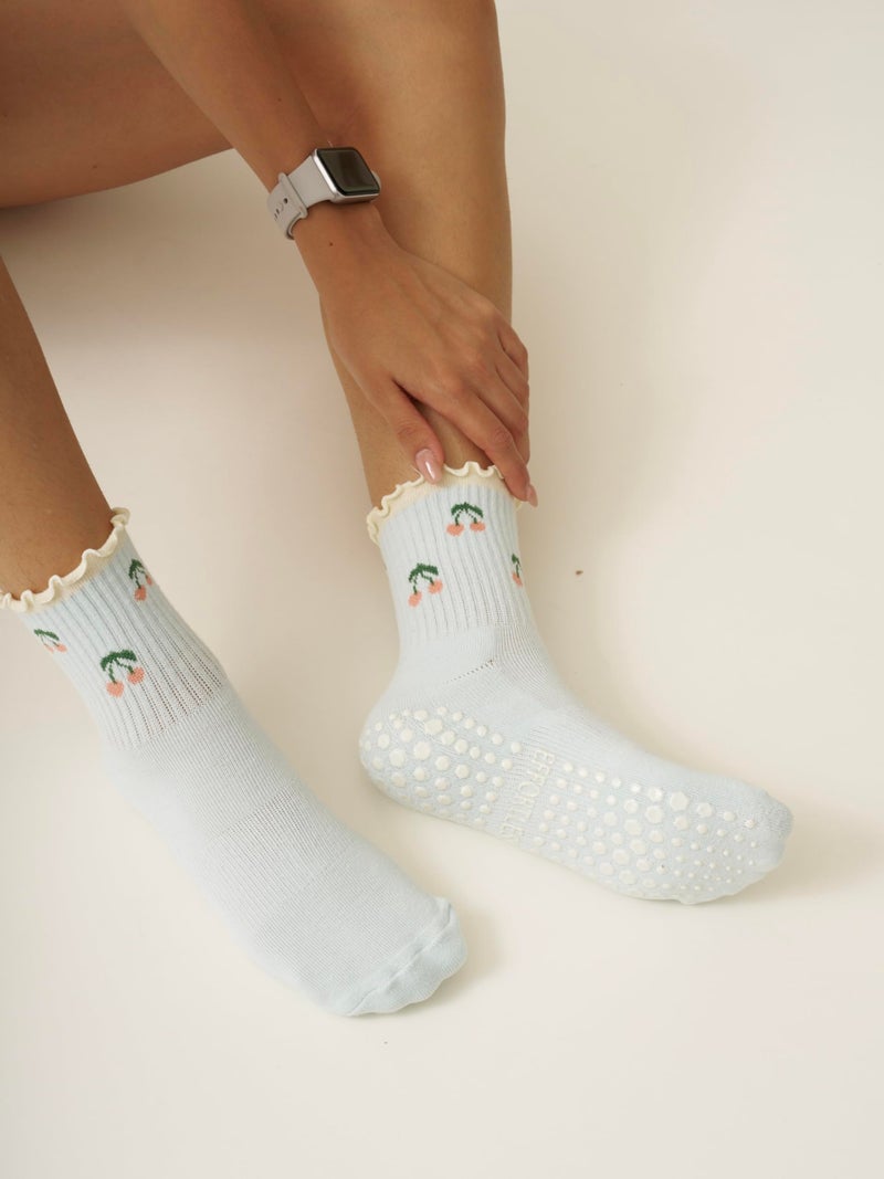 Shapes Studio Half Calf Grip Socks, Cute Fruit Pilates Socks, Ruffle Socks, Non-Slip for Barre Yoga (US, Numeric, 5, 10, Regular, Regular, Cherry Blue, Effortless Club) - Image 4