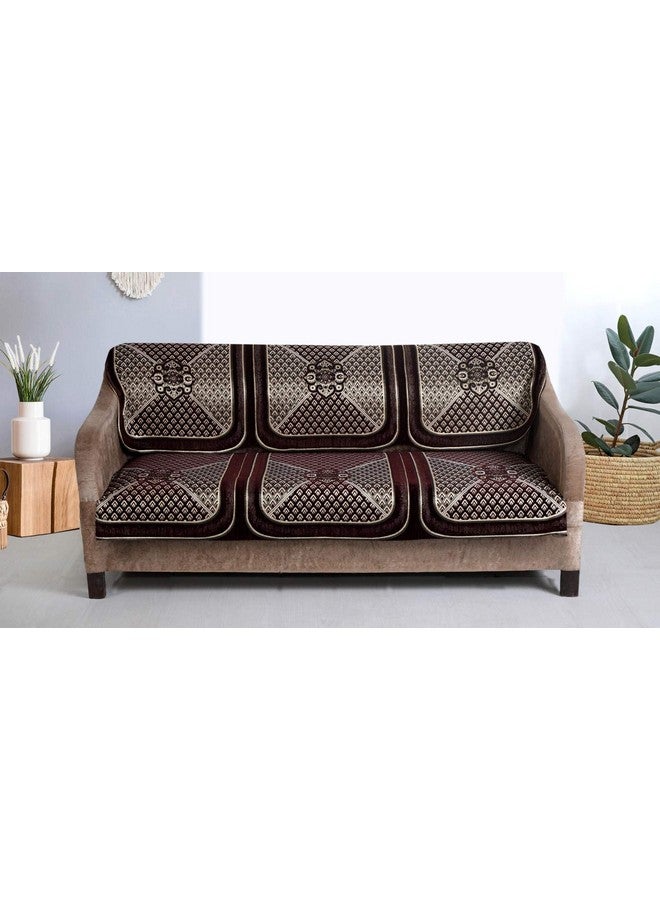 Nendle Chenille Jacquard Velvet Weaved Sofa Cover Set of 3 Seater (Brown, 2 Pieces) - Image 2