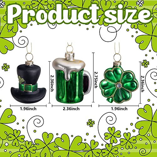 LFUTARI 9pc St.Patrick's Day Glass Ornaments, Ireland Green St.Patrick Shamrock Hat Beer Hanging Ornaments Pendant, Irish Tree Glass Blown Ornaments for Spring Irish Holiday Tree Party Decoration - Image 2