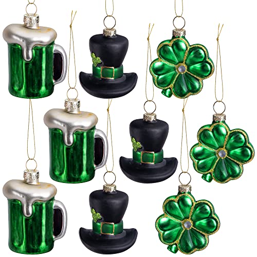 LFUTARI 9pc St.Patrick's Day Glass Ornaments, Ireland Green St.Patrick Shamrock Hat Beer Hanging Ornaments Pendant, Irish Tree Glass Blown Ornaments for Spring Irish Holiday Tree Party Decoration - Image 1