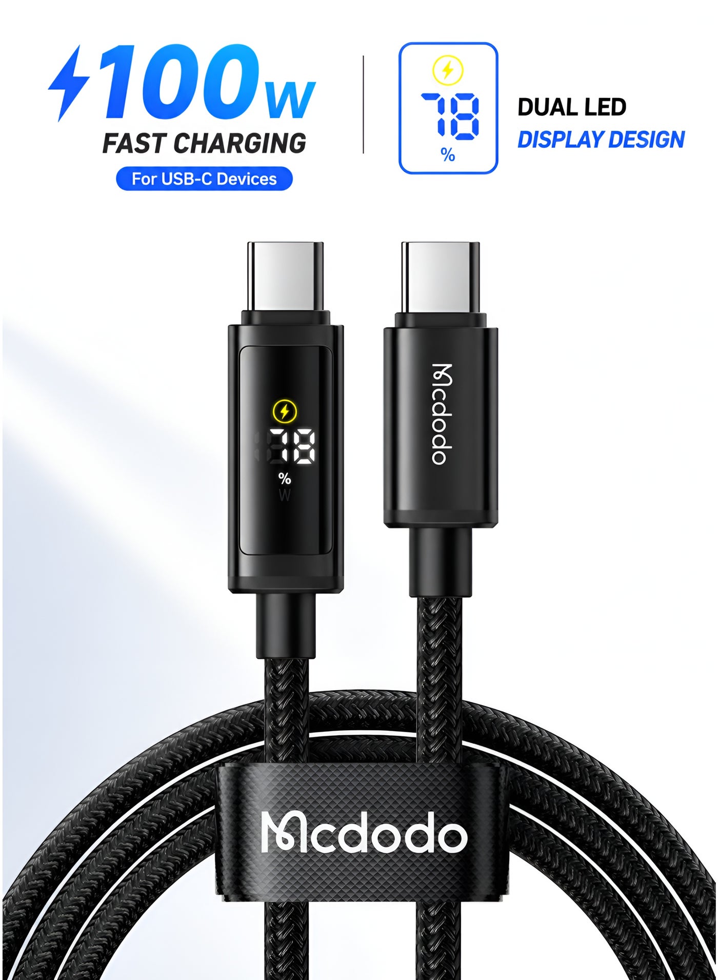 Mcdodo Dual LED Display USB-C to USB-C Cable 100W 1.2m – Fast Charging PD Type-C Data Sync Cable for Android Phones, Samsung Galaxy, Tablets, Laptops – Black