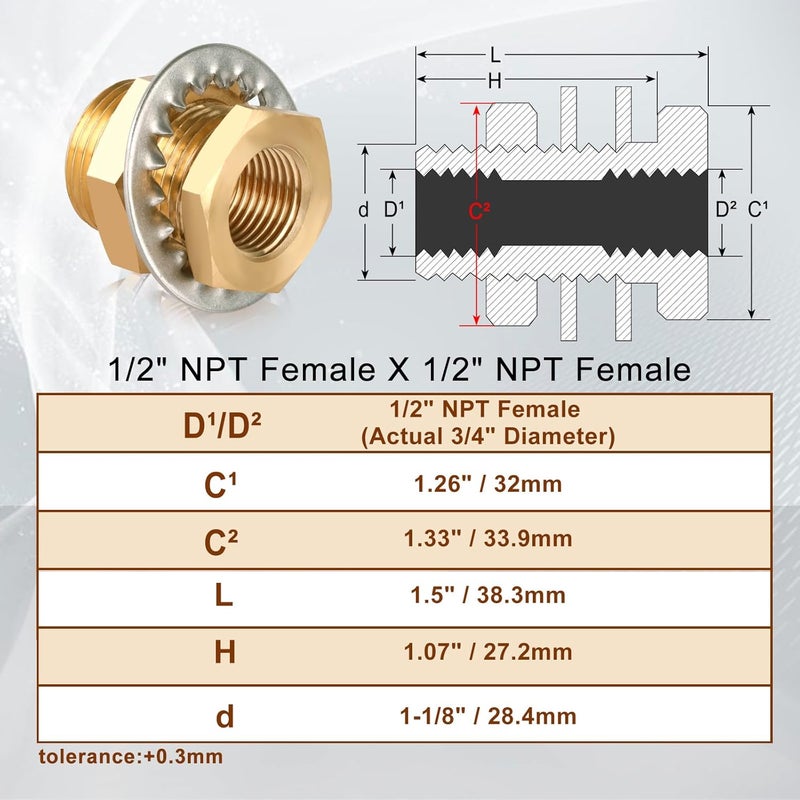 boeray قطعتان من تركيبات النحاس للفتحات 1/2” NPT أنثوية إلى 1/2” NPT أنثوية موصل مستقيم من النحاس 1.5” طول قطر خارجي 1-1/8” تركيبات أنابيب هواء خزان - Image 2