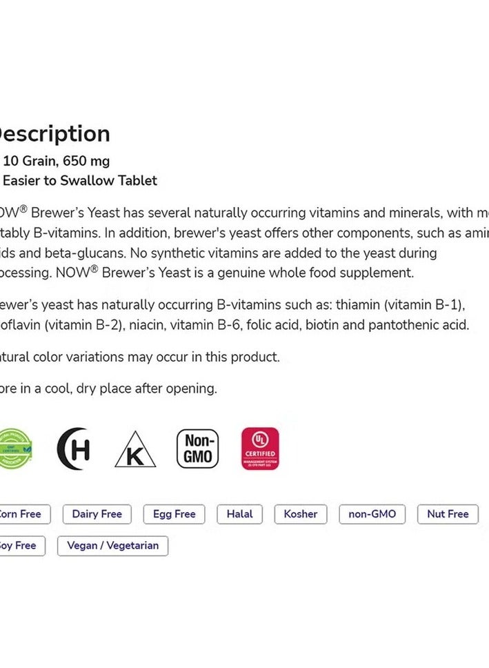 Now Brewer's Yeast 650mg Nutritional Supplement Tablets For Healthy Digestion, Pack of 200's - Image 3