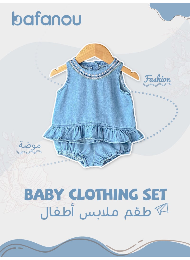 Bafanou Summer Infant Girls Clothing Set Baby Hollow Embroidery Denim Top + Wrap Pants 2 Piece Set  - Image 1