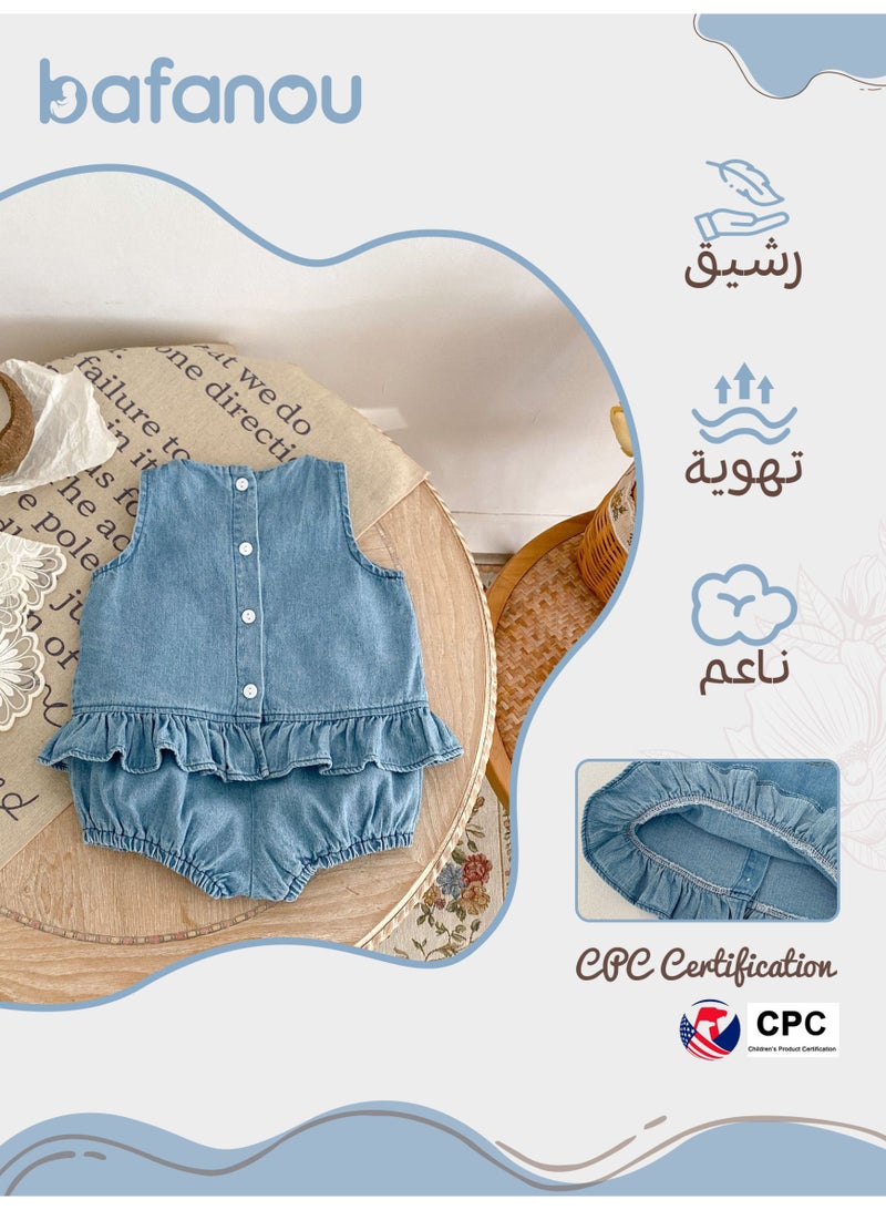 Bafanou Summer Infant Girls Clothing Set Baby Hollow Embroidery Denim Top + Wrap Pants 2 Piece Set  - Image 2