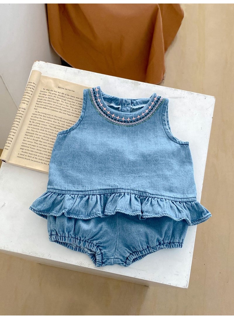 Summer Infant Girls Clothing Set Baby Hollow Embroidery Denim Top + Wrap Pants 2 Piece Set