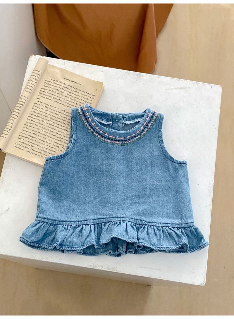 Summer Infant Girls Clothing Set Baby Hollow Embroidery Denim Top + Wrap Pants 2 Piece Set