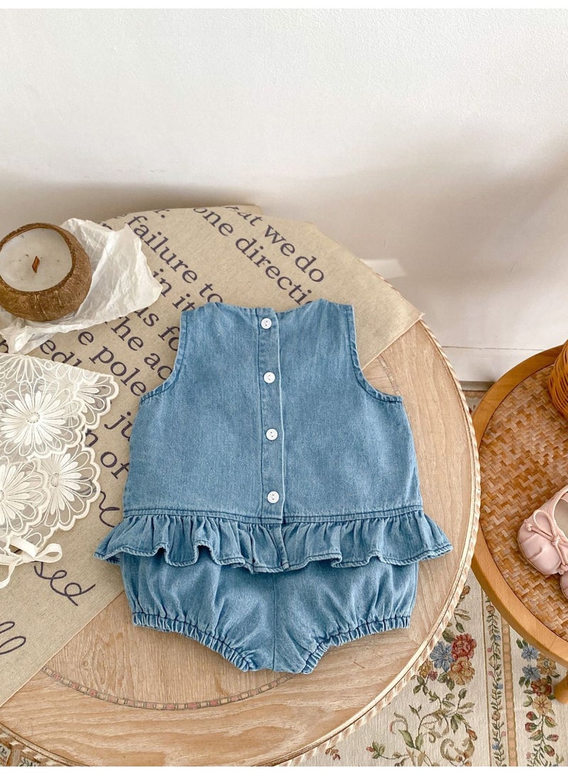 Summer Infant Girls Clothing Set Baby Hollow Embroidery Denim Top + Wrap Pants 2 Piece Set