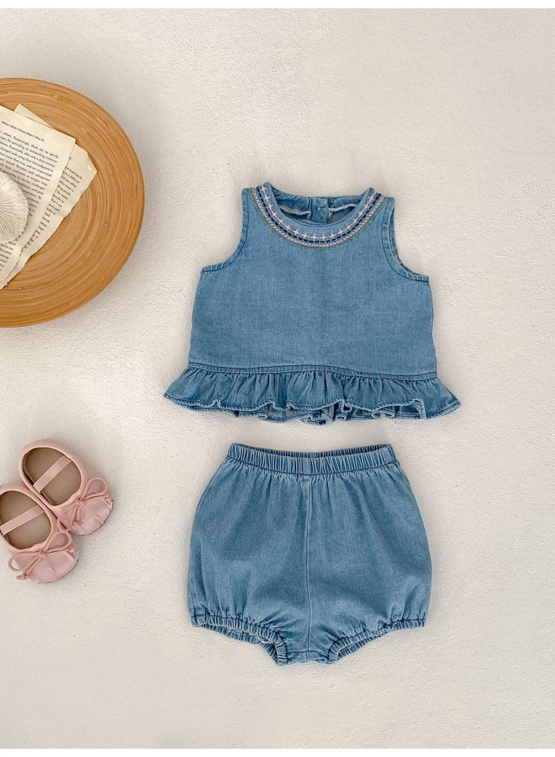 Summer Infant Girls Clothing Set Baby Hollow Embroidery Denim Top + Wrap Pants 2 Piece Set