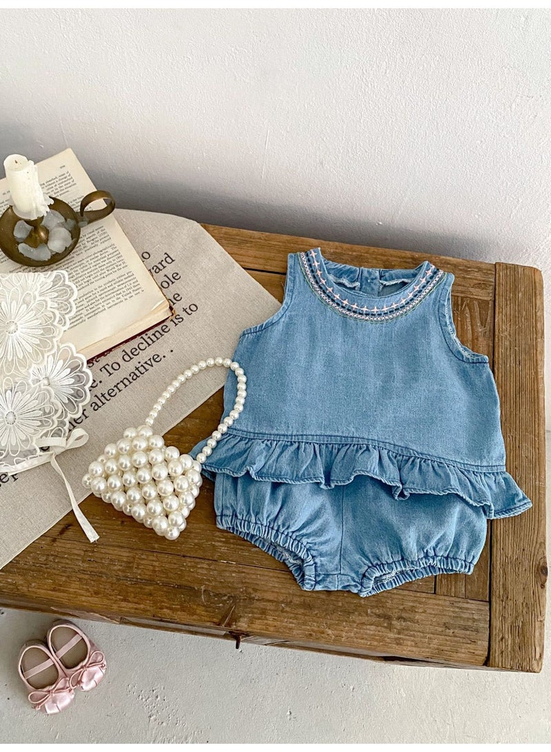 Summer Infant Girls Clothing Set Baby Hollow Embroidery Denim Top + Wrap Pants 2 Piece Set