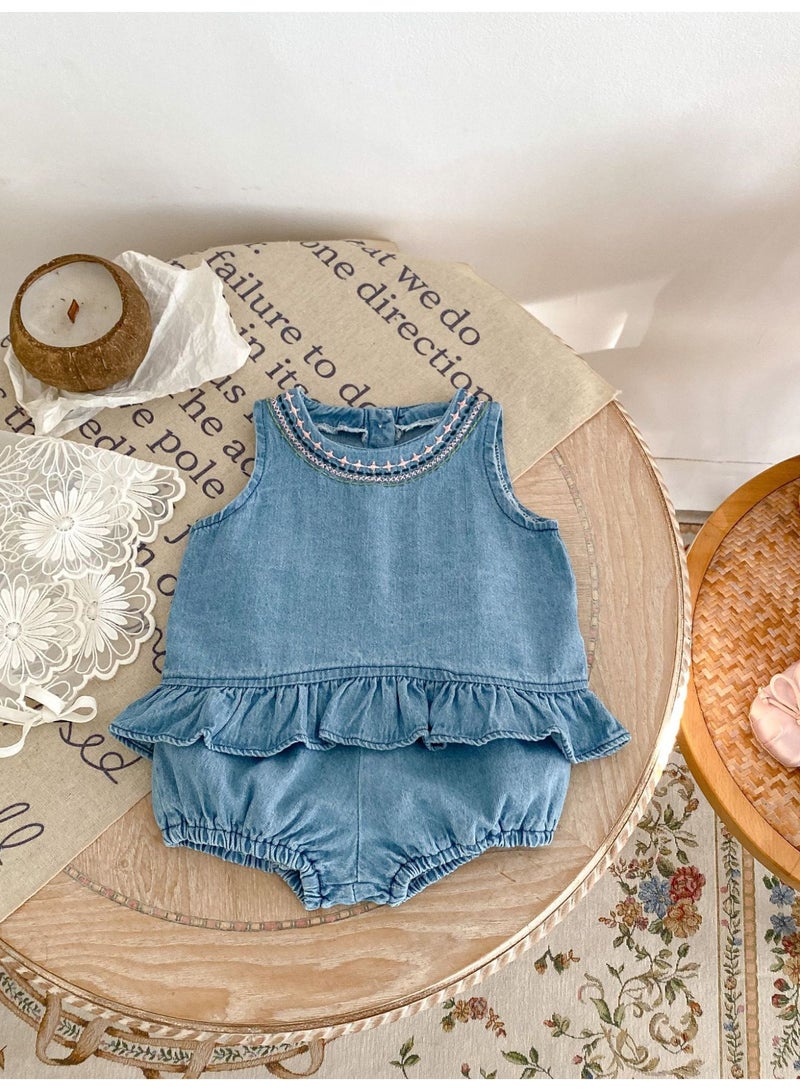 Summer Infant Girls Clothing Set Baby Hollow Embroidery Denim Top + Wrap Pants 2 Piece Set