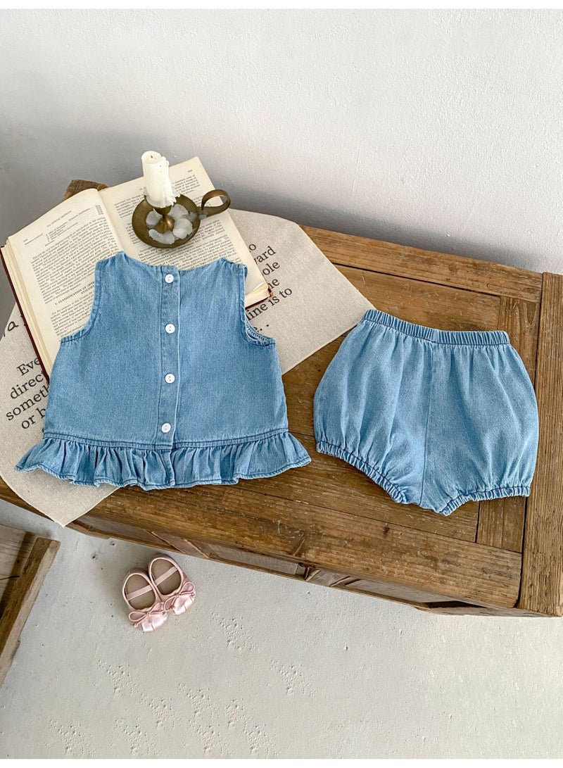 Summer Infant Girls Clothing Set Baby Hollow Embroidery Denim Top + Wrap Pants 2 Piece Set
