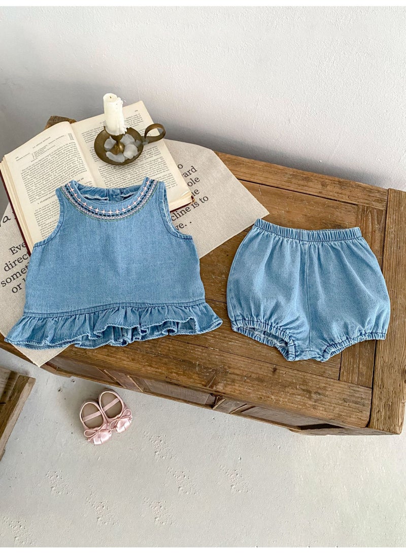 Summer Infant Girls Clothing Set Baby Hollow Embroidery Denim Top + Wrap Pants 2 Piece Set