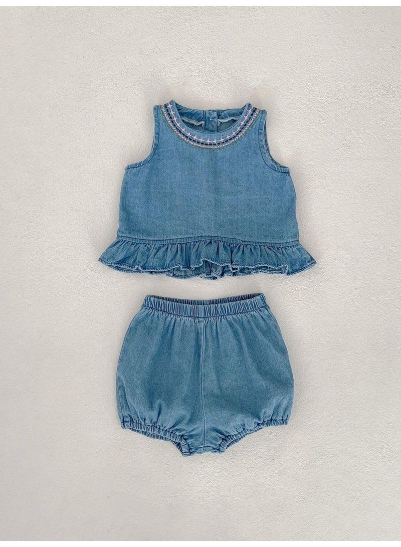 Summer Infant Girls Clothing Set Baby Hollow Embroidery Denim Top + Wrap Pants 2 Piece Set