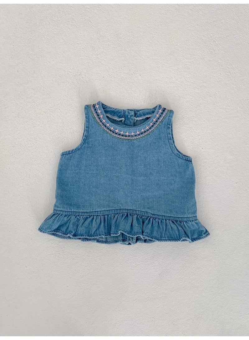 Summer Infant Girls Clothing Set Baby Hollow Embroidery Denim Top + Wrap Pants 2 Piece Set