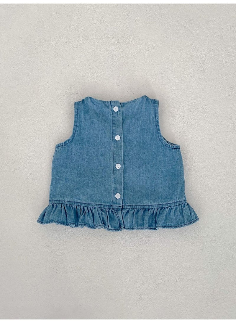 Summer Infant Girls Clothing Set Baby Hollow Embroidery Denim Top + Wrap Pants 2 Piece Set
