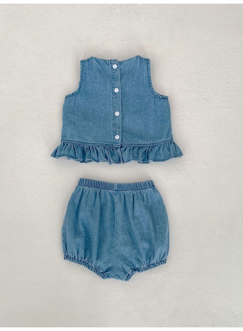 Summer Infant Girls Clothing Set Baby Hollow Embroidery Denim Top + Wrap Pants 2 Piece Set