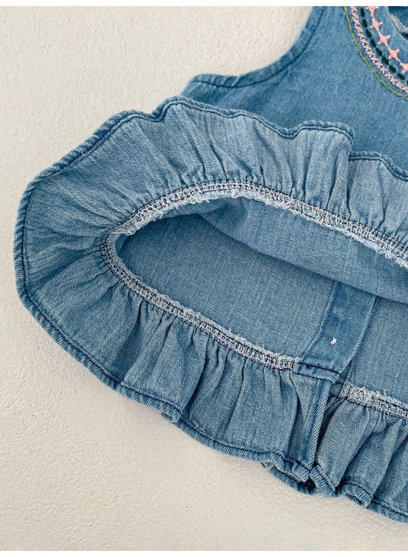 Summer Infant Girls Clothing Set Baby Hollow Embroidery Denim Top + Wrap Pants 2 Piece Set