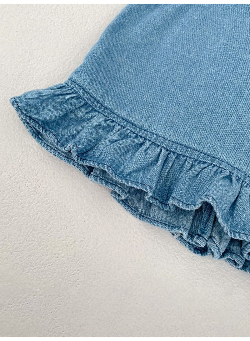 Summer Infant Girls Clothing Set Baby Hollow Embroidery Denim Top + Wrap Pants 2 Piece Set