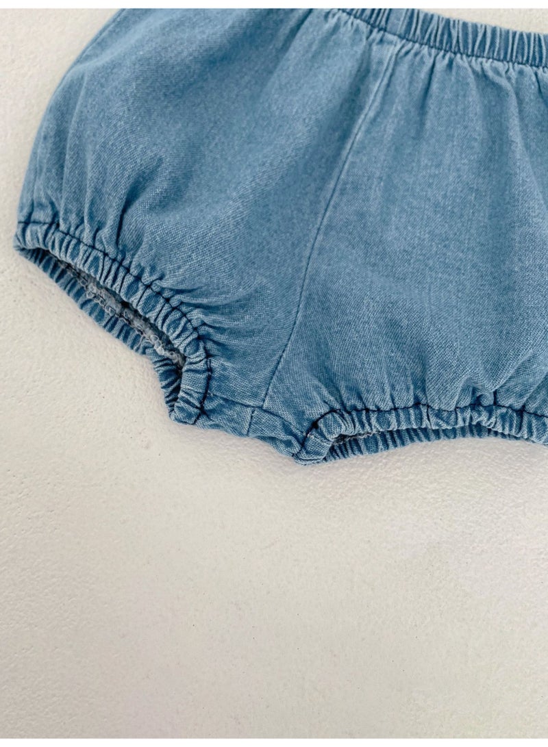 Summer Infant Girls Clothing Set Baby Hollow Embroidery Denim Top + Wrap Pants 2 Piece Set