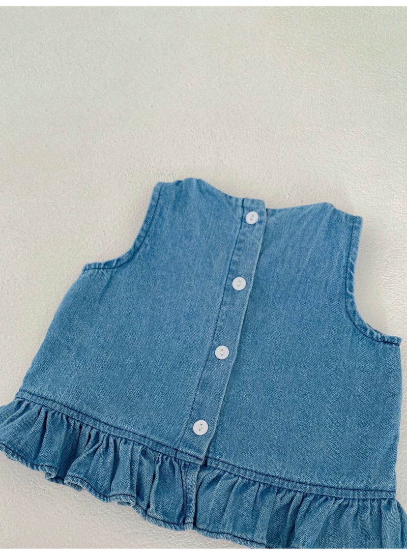 Summer Infant Girls Clothing Set Baby Hollow Embroidery Denim Top + Wrap Pants 2 Piece Set