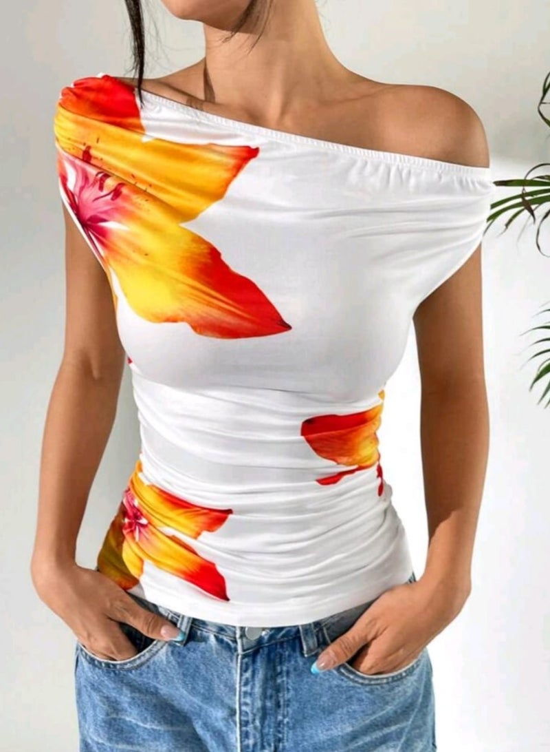 Shein SHEIN Women's White One Shoulder Ruched KnittedBLOUSE With Vibrant Tropical Floral Print  - Image 1