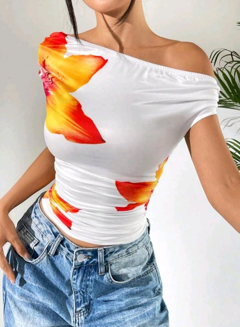 Shein SHEIN Women's White One Shoulder Ruched KnittedBLOUSE With Vibrant Tropical Floral Print  - Image 2