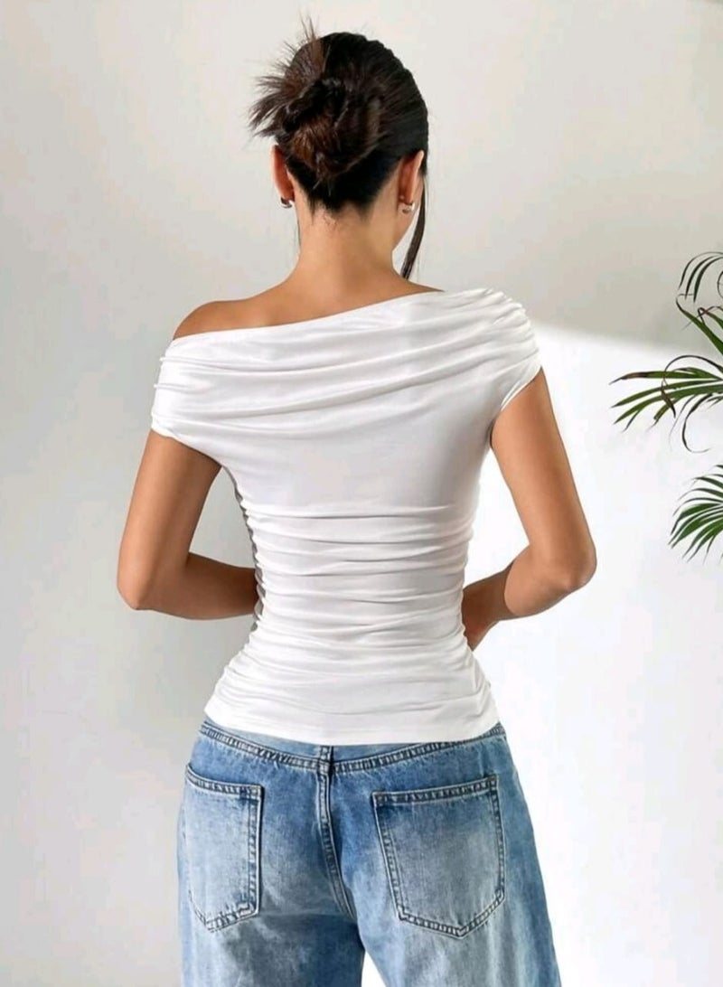 Shein SHEIN Women's White One Shoulder Ruched KnittedBLOUSE With Vibrant Tropical Floral Print  - Image 3